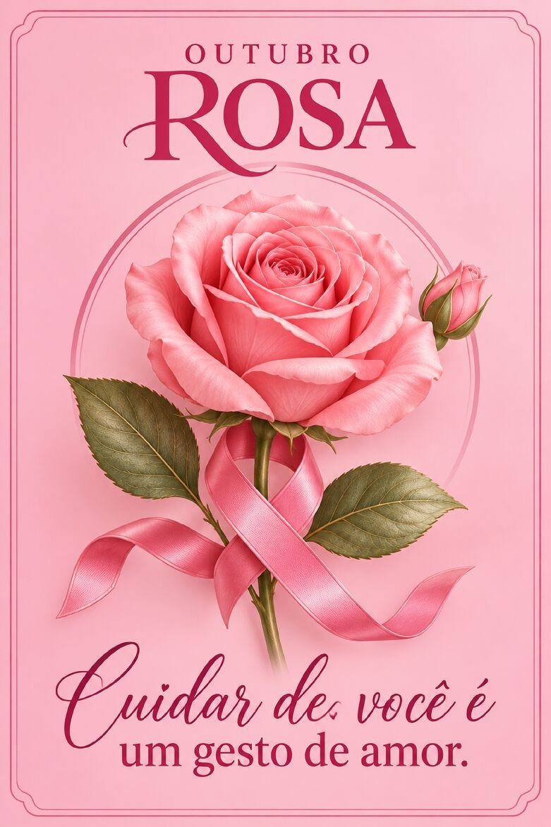 Cartão Outubro Rosa com rosa grande, folhas verdes e fita rosa envolvendo o caule